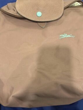 Longchamp Taupe Nylon Backpack with Mint Logo Accent